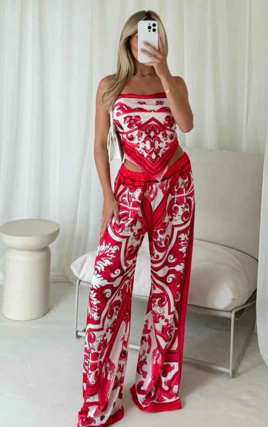 Olivia Red Floral Pattern Bandana Trouser Co-ord