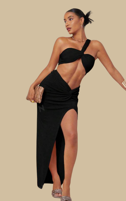 One shoulder crop top and twist front skirt black