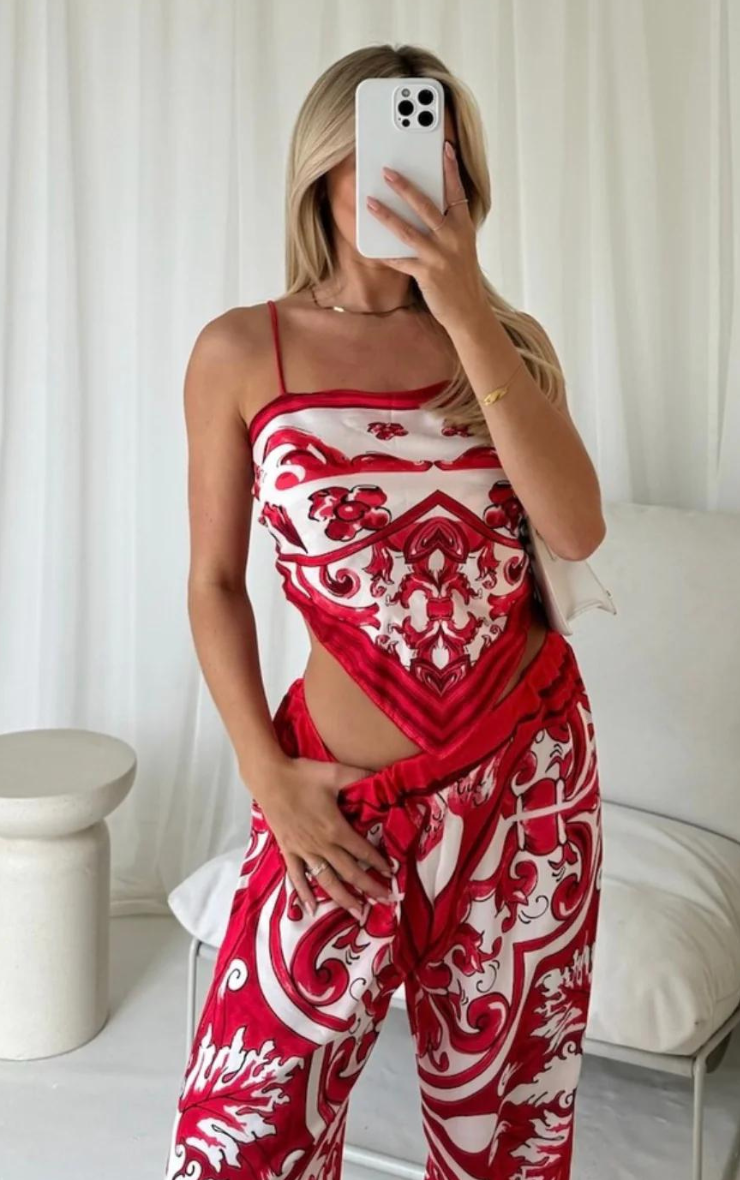 Olivia Red Floral Pattern Bandana Trouser Co-ord